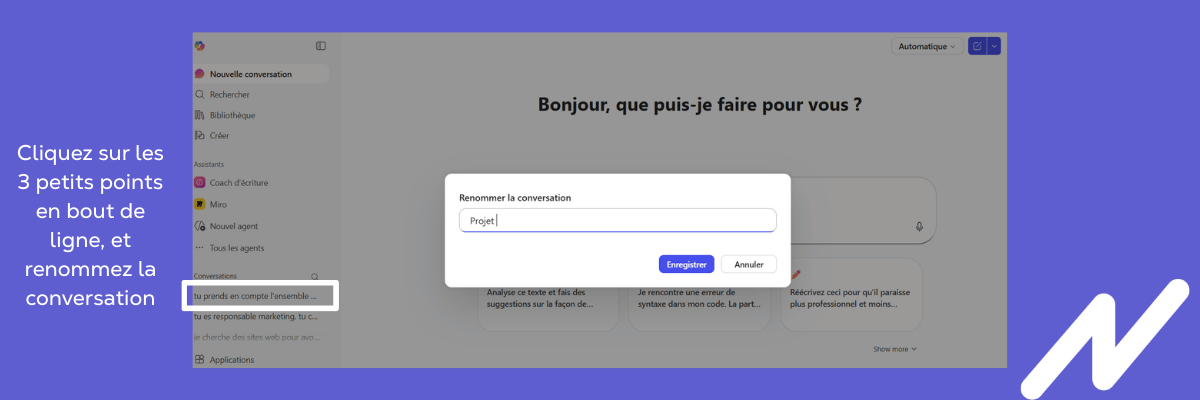 copié d'écran pour renommer une conversation dans copilot
